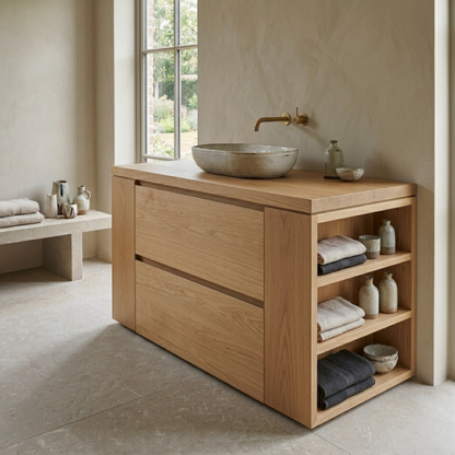 Solid Wood Bathroom Vanity with Double Drawers and Side Open Storage Shelves