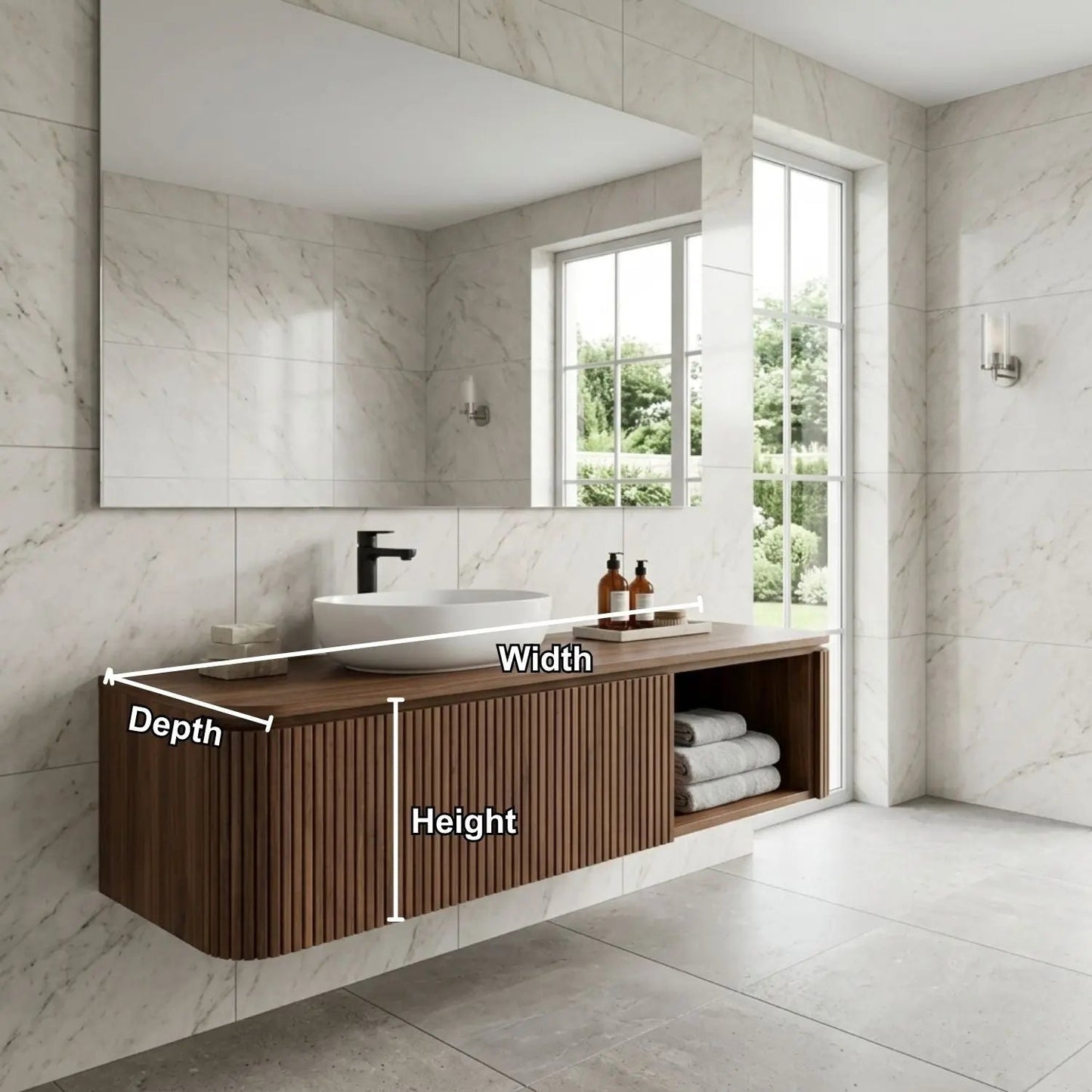 Floating Bathroom Vanity with Fluted Wood Front and Open Shelf Storage Kitchnce