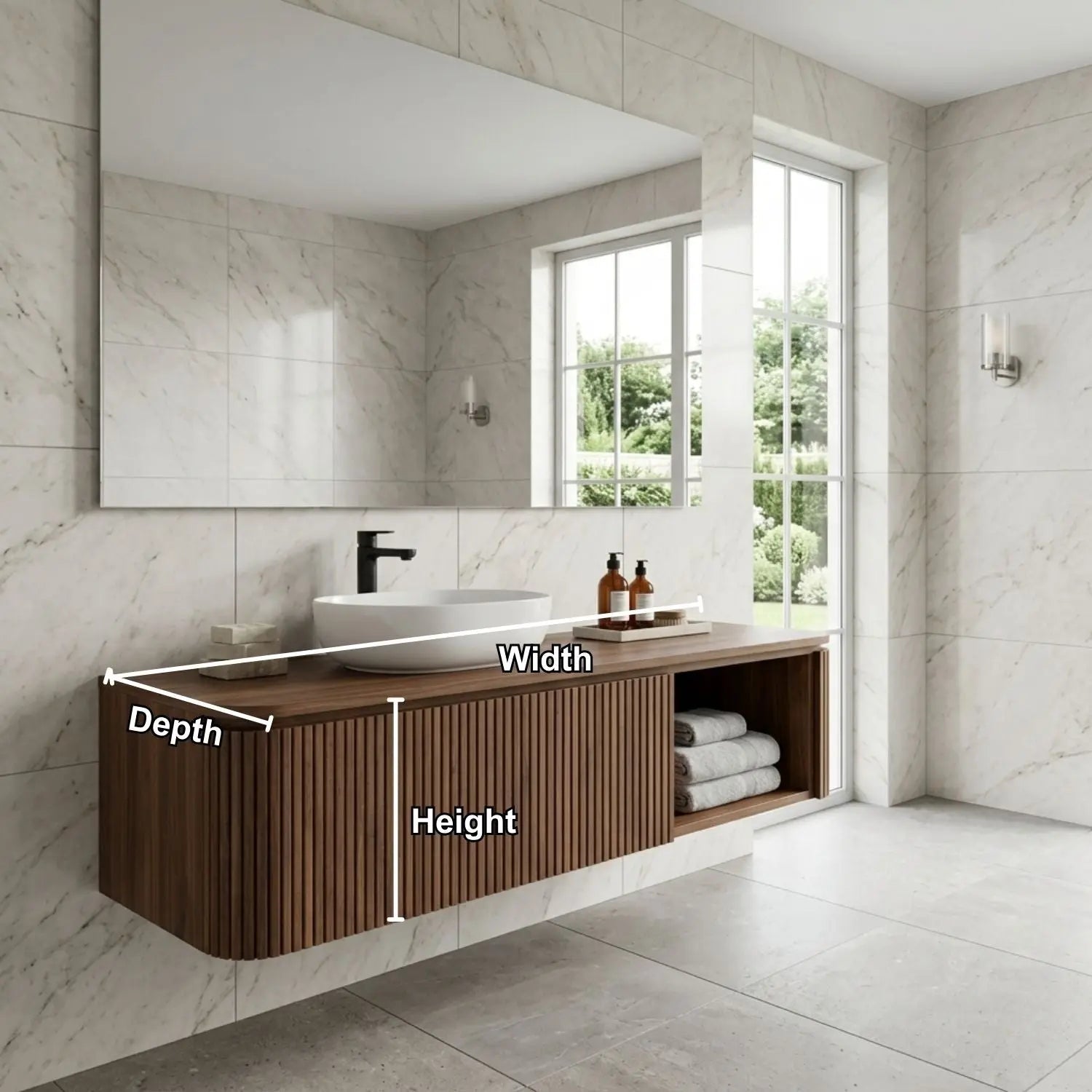 Floating Bathroom Vanity with Fluted Wood Front and Open Shelf Storage Kitchnce
