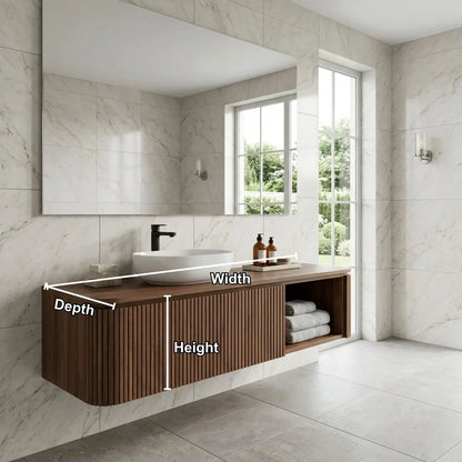 Floating Bathroom Vanity with Fluted Wood Front and Open Shelf Storage Kitchnce