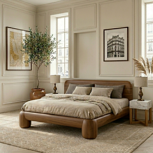 Solid Wood Platform Bed Frame with Rounded Corners and Sculpted Legs