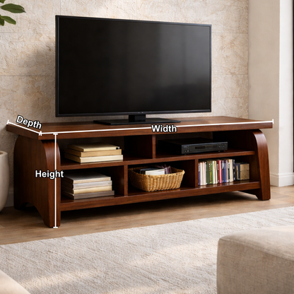 Solid Wood TV Stand with Curved Side Panels – Modern Open Shelf Media Console Kitchnce