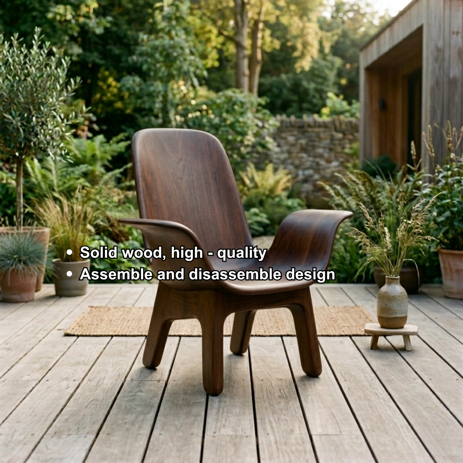 Handcrafted Solid Wood Lounge Chair – Sculpted Armrest Low Seat Chair