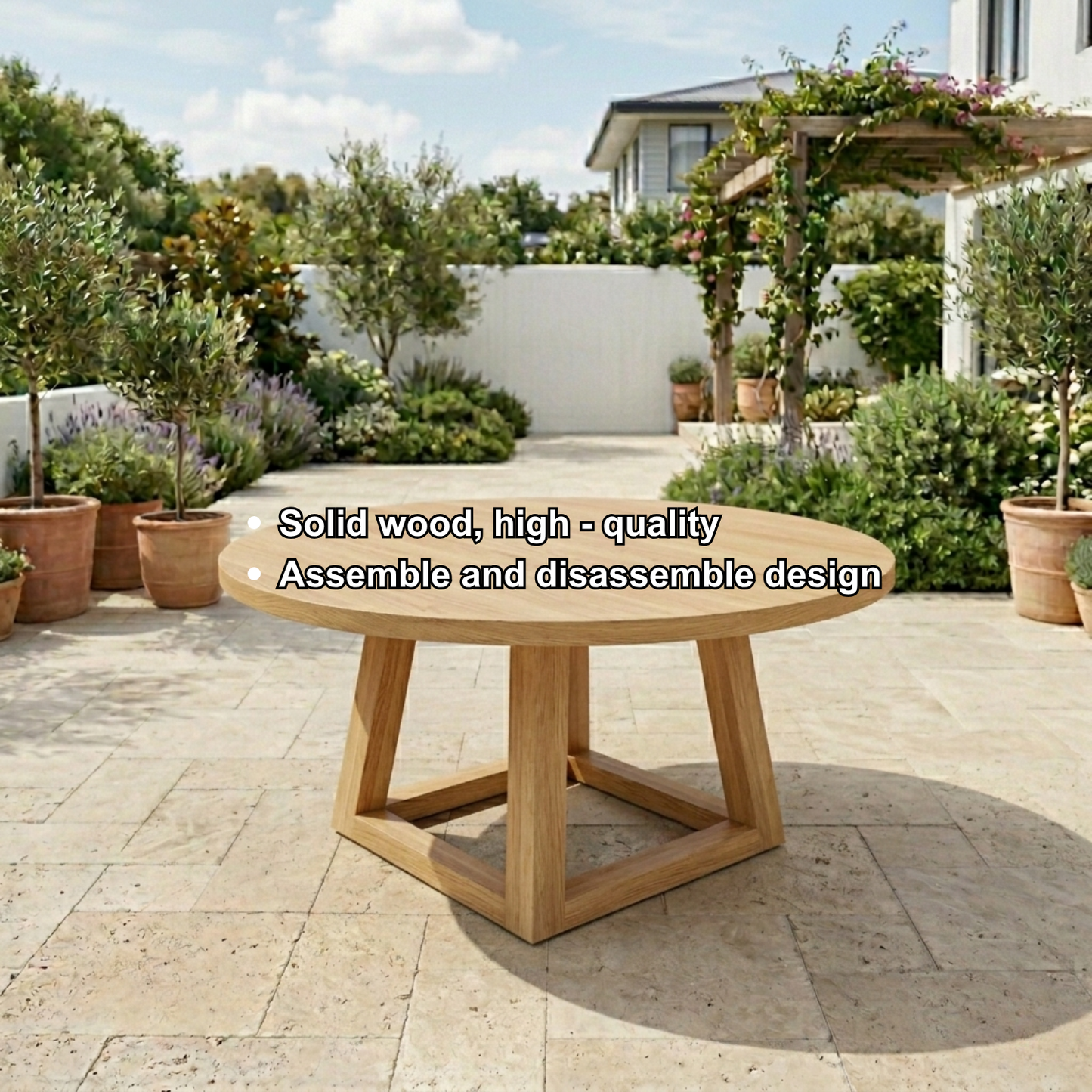 Round Solid Wood Outdoor Dining Table with Geometric Cross Pedestal Base