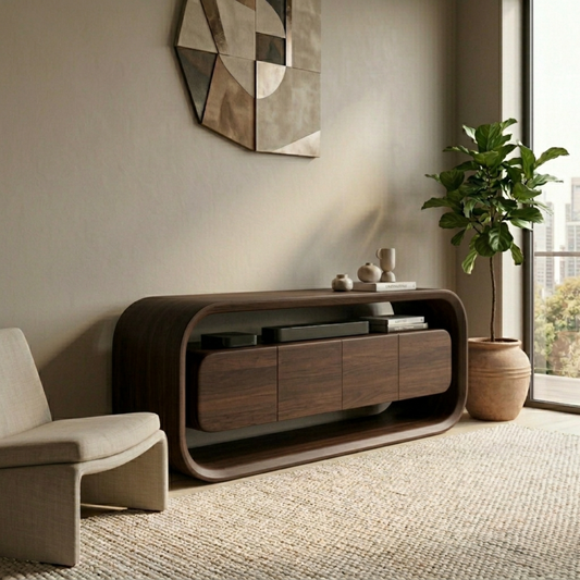 Solid Wood TV Stand with Sculpted Rounded Frame and Floating Cabinet Storage