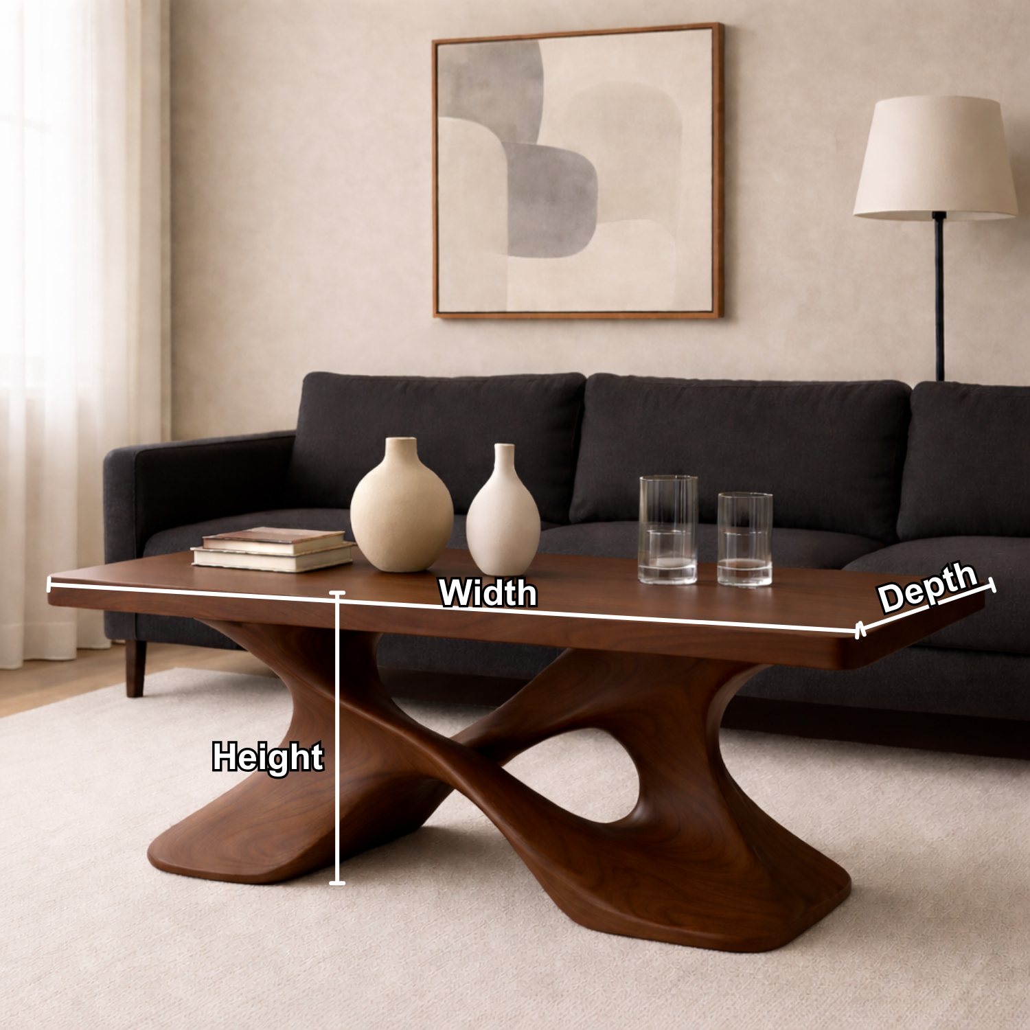Elegant Solid Wood Coffee Table with Curved Base – Modern Living Room Decor Kitchnce