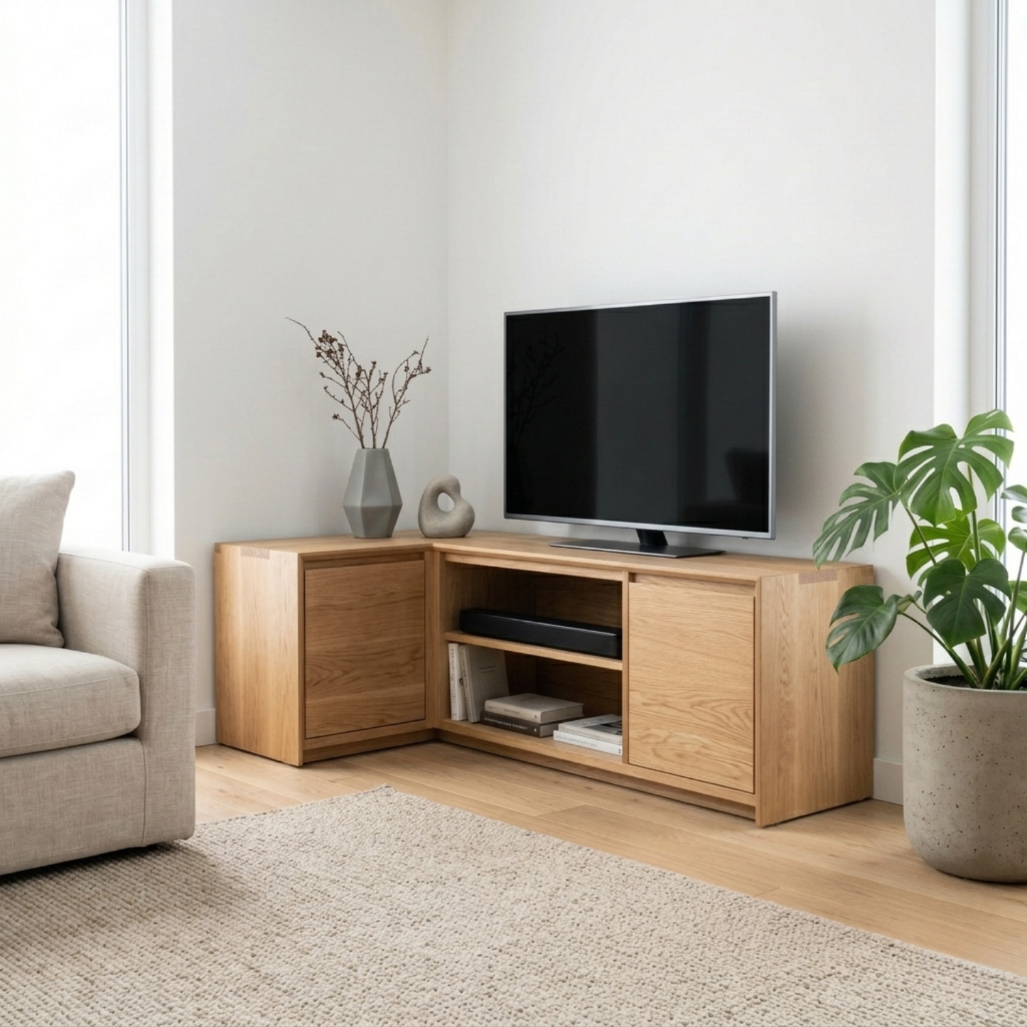 Solid Wood Corner TV Stand with Cabinet Storage and Open Media Shelves