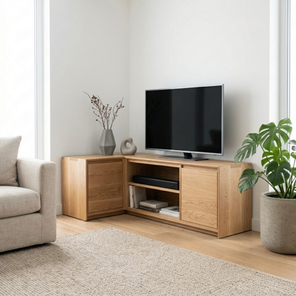 Solid Wood Corner TV Stand with Cabinet Storage and Open Media Shelves