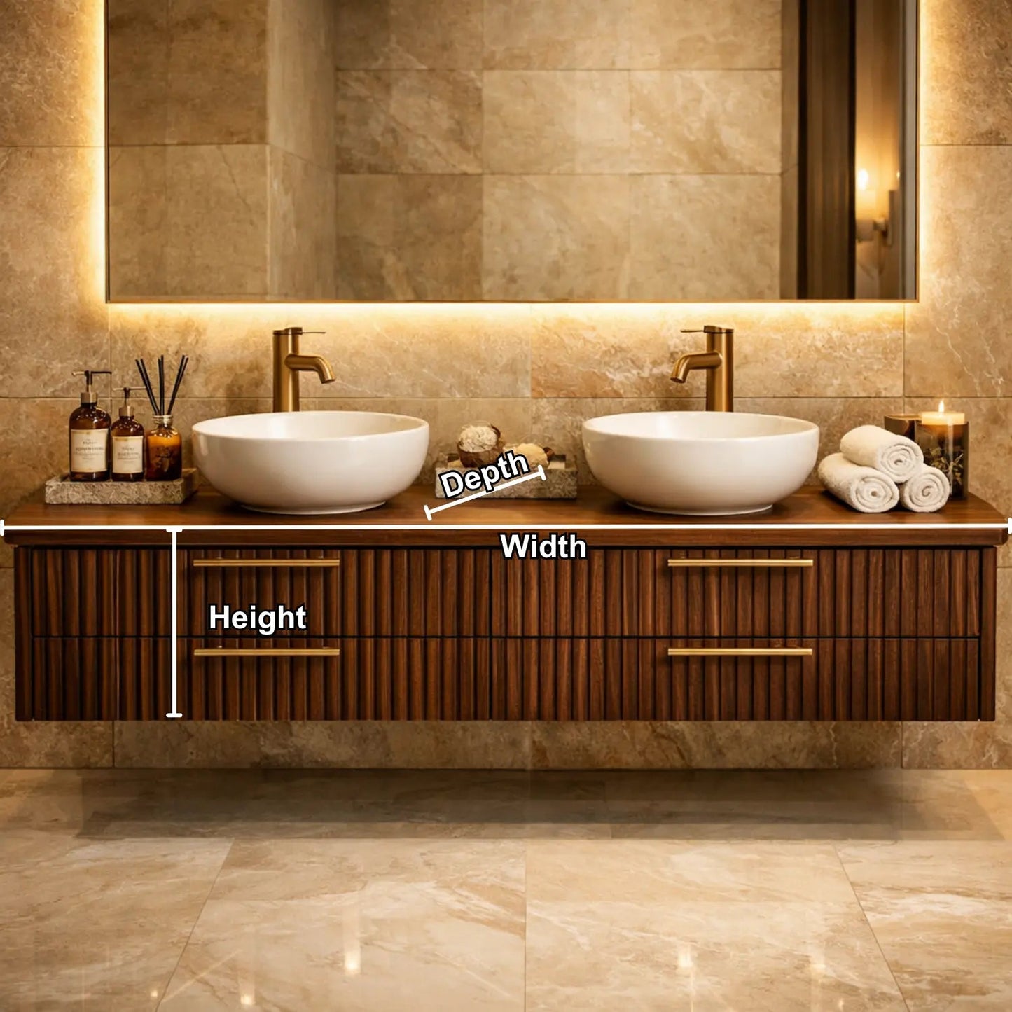 Floating Bathroom Vanity with Fluted Wood Front and Four Drawer Storage Design Kitchnce