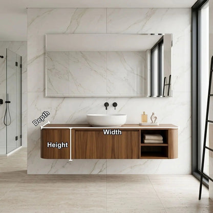 Floating Bathroom Vanity with Rounded Side Panel and Open Shelf Storage Cabinet Kitchnce