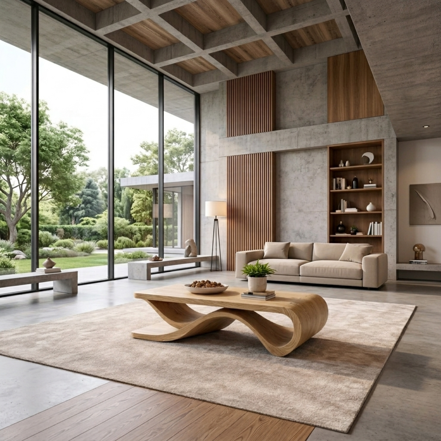 Solid Wood Coffee Table with Wave Sculptural Base – Modern Designer Living Room Table Kitchnce