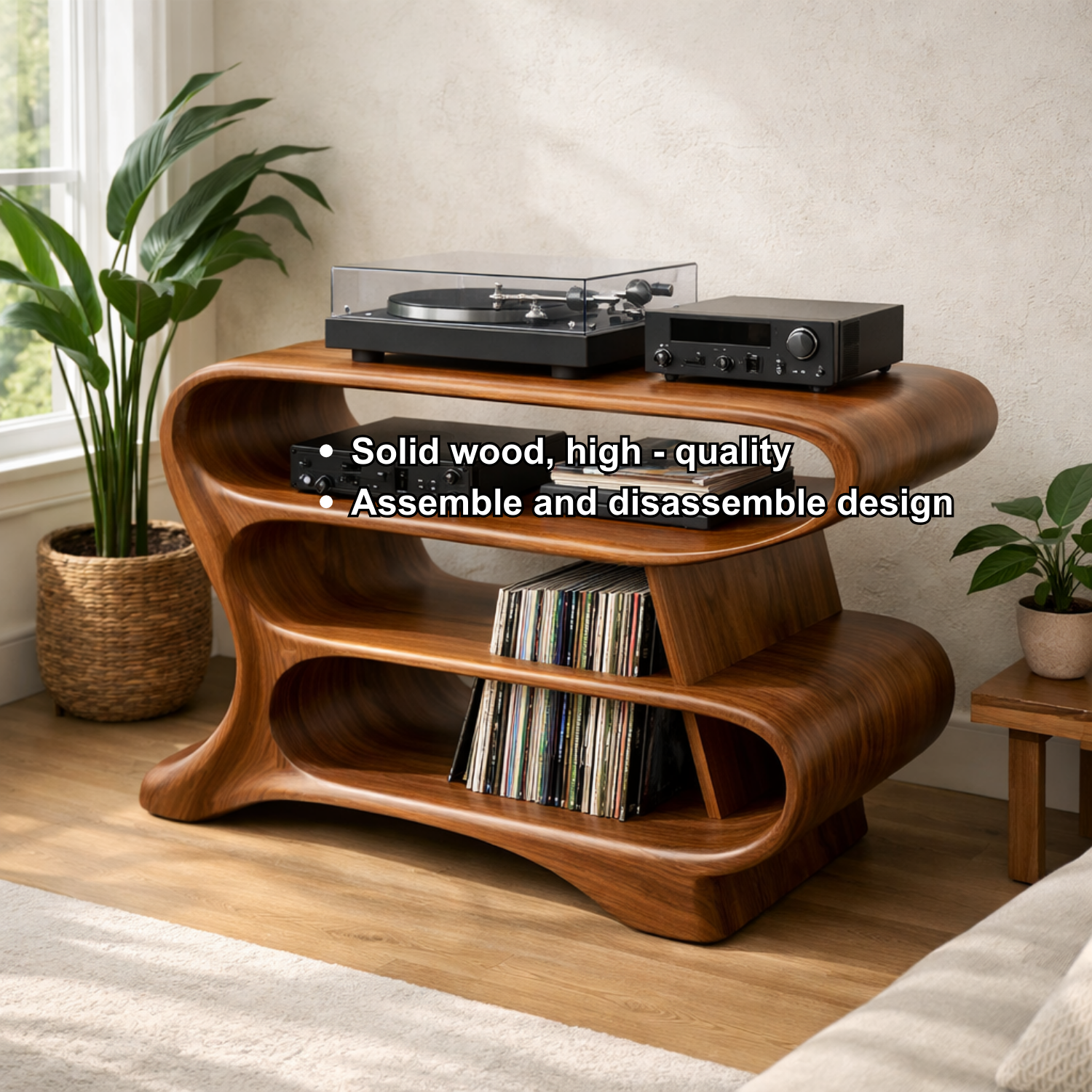 Wave-Shaped Solid Wood Record Player Stand with Open Vinyl Storage Shelves Kitchnce