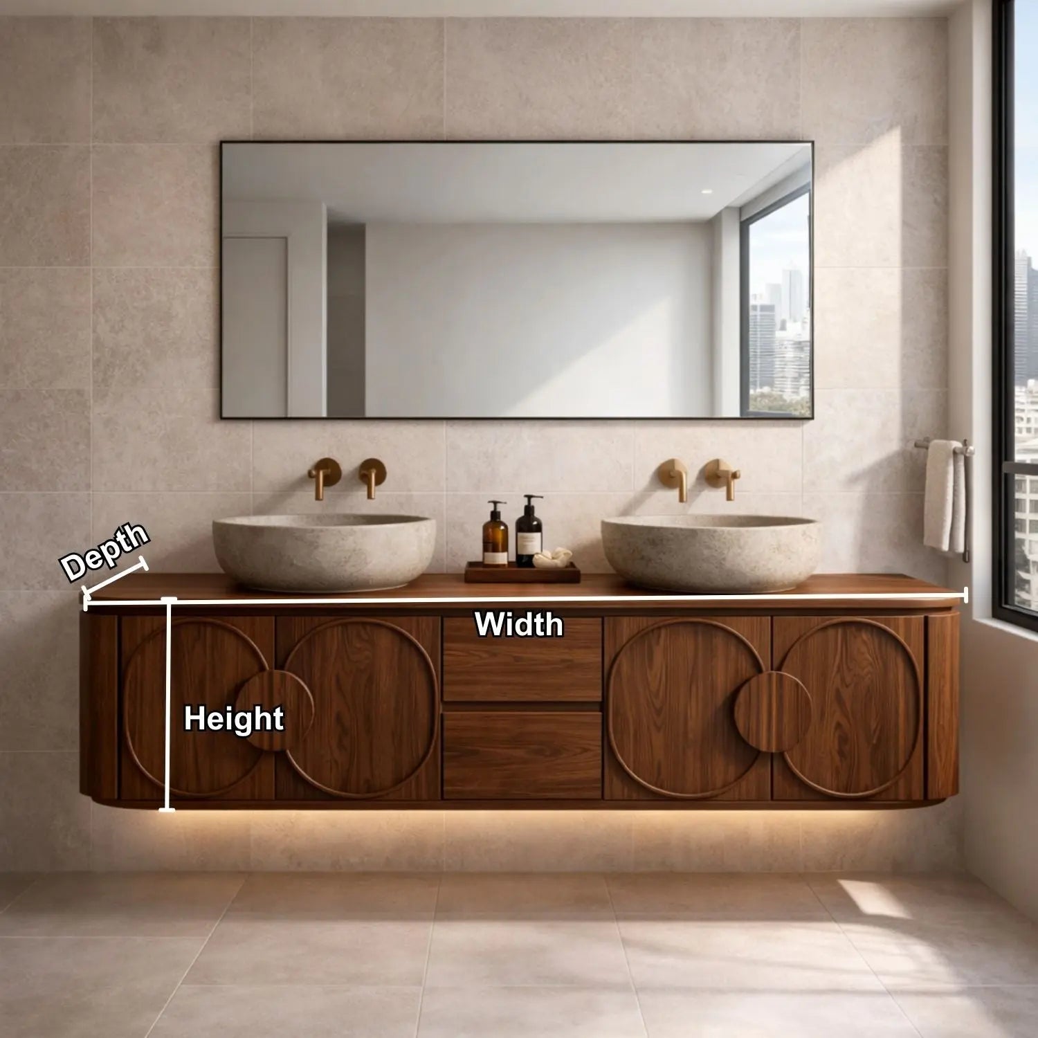 Floating Bathroom Vanity with Circular Panel Doors and Center Drawer Storage Kitchnce