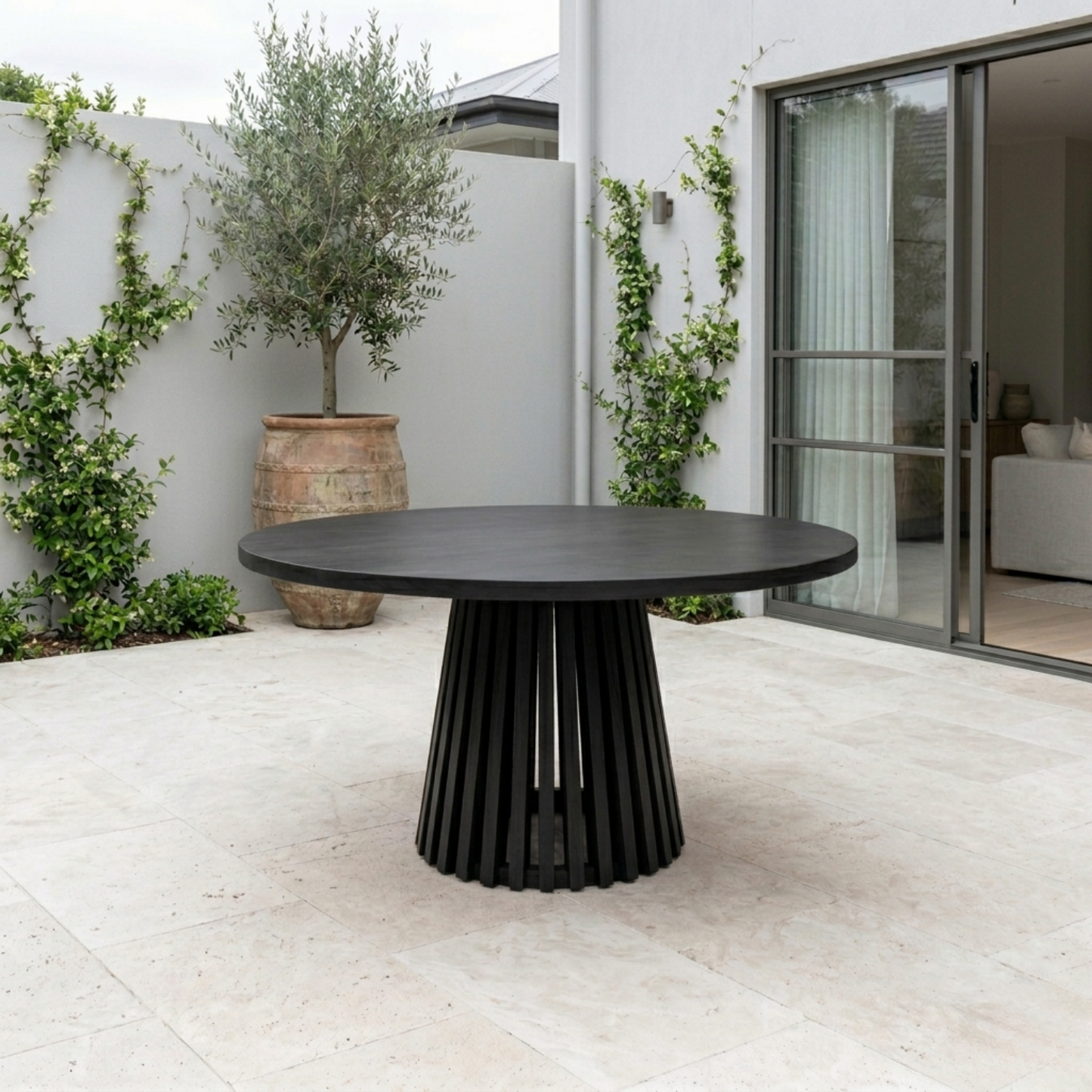 Round Solid Wood Outdoor Dining Table with Slatted Pedestal Base