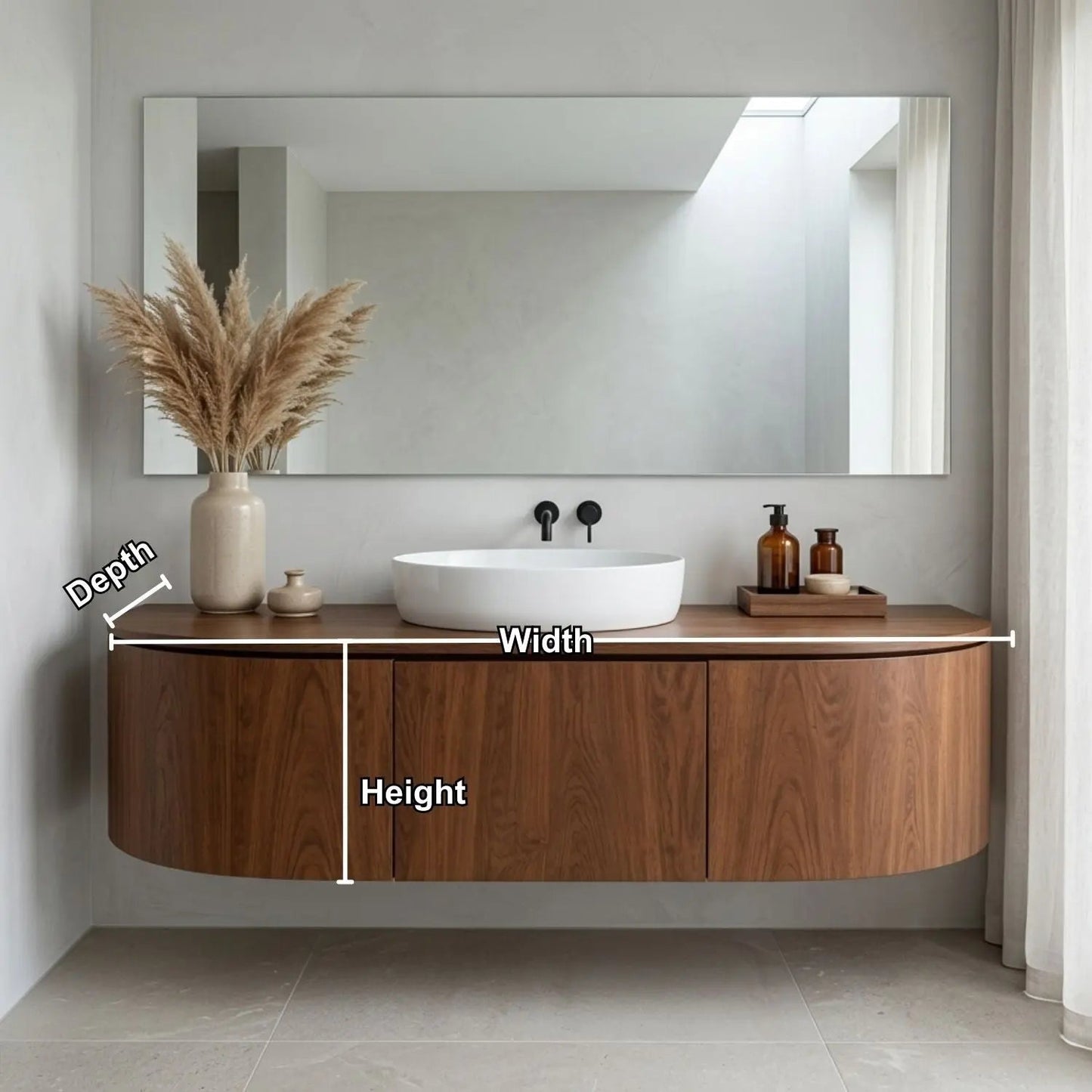 Curved Edge Floating Bathroom Vanity with Rounded Side Cabinets and Hidden Storage Kitchnce