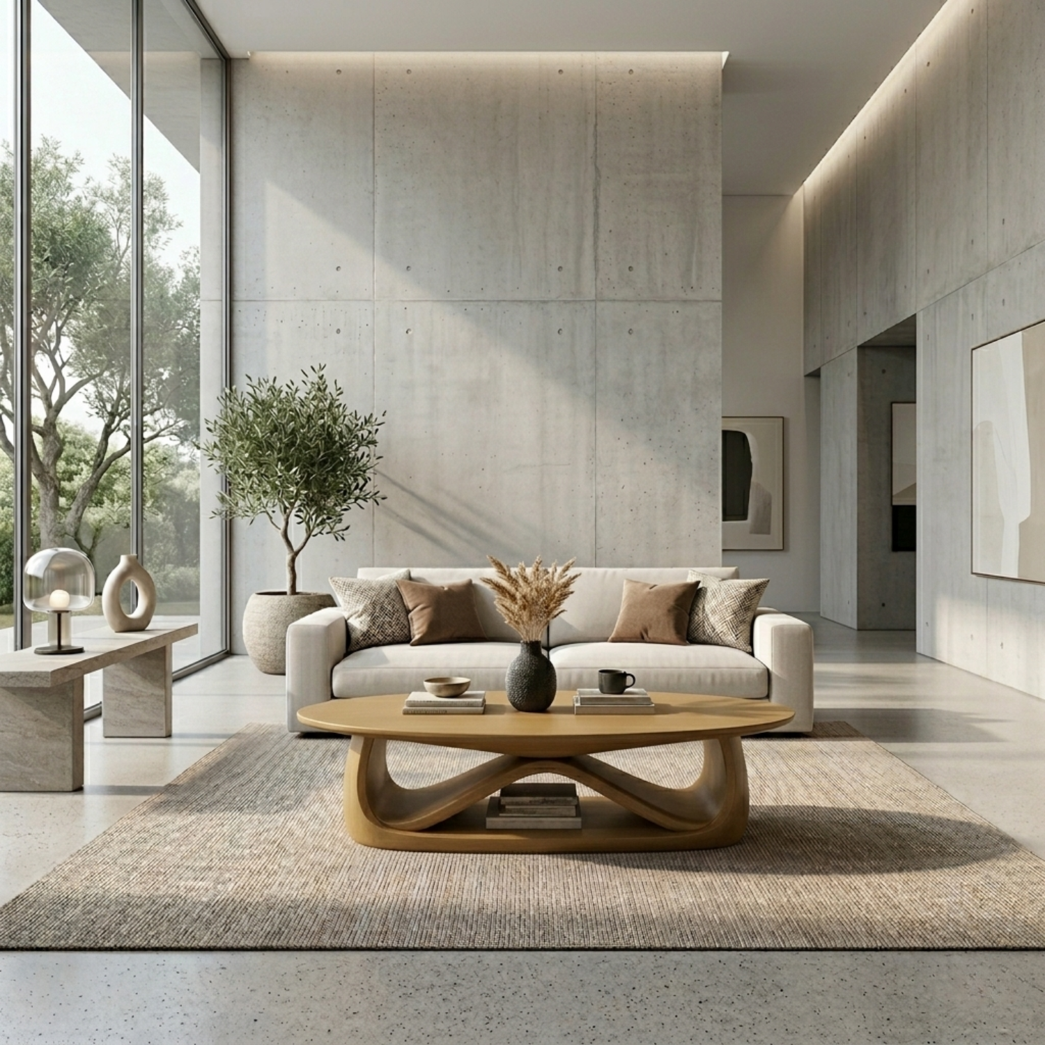 Solid Wood Coffee Table with Sculptural Base – Modern Minimalist Living Room Table