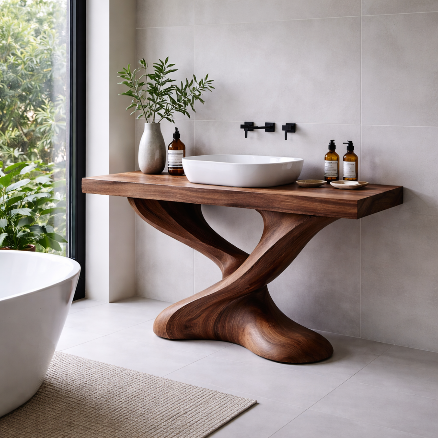 Solid Wood Bathroom Vanity with Sculptural Base – Modern Organic Wood Sink Vanity