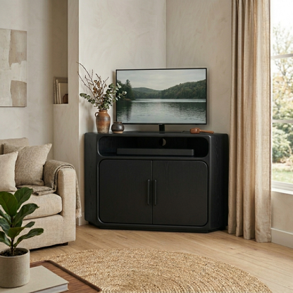 Solid Wood Corner TV Stand with Rounded Edges and Cabinet Storage – Corner Media Console