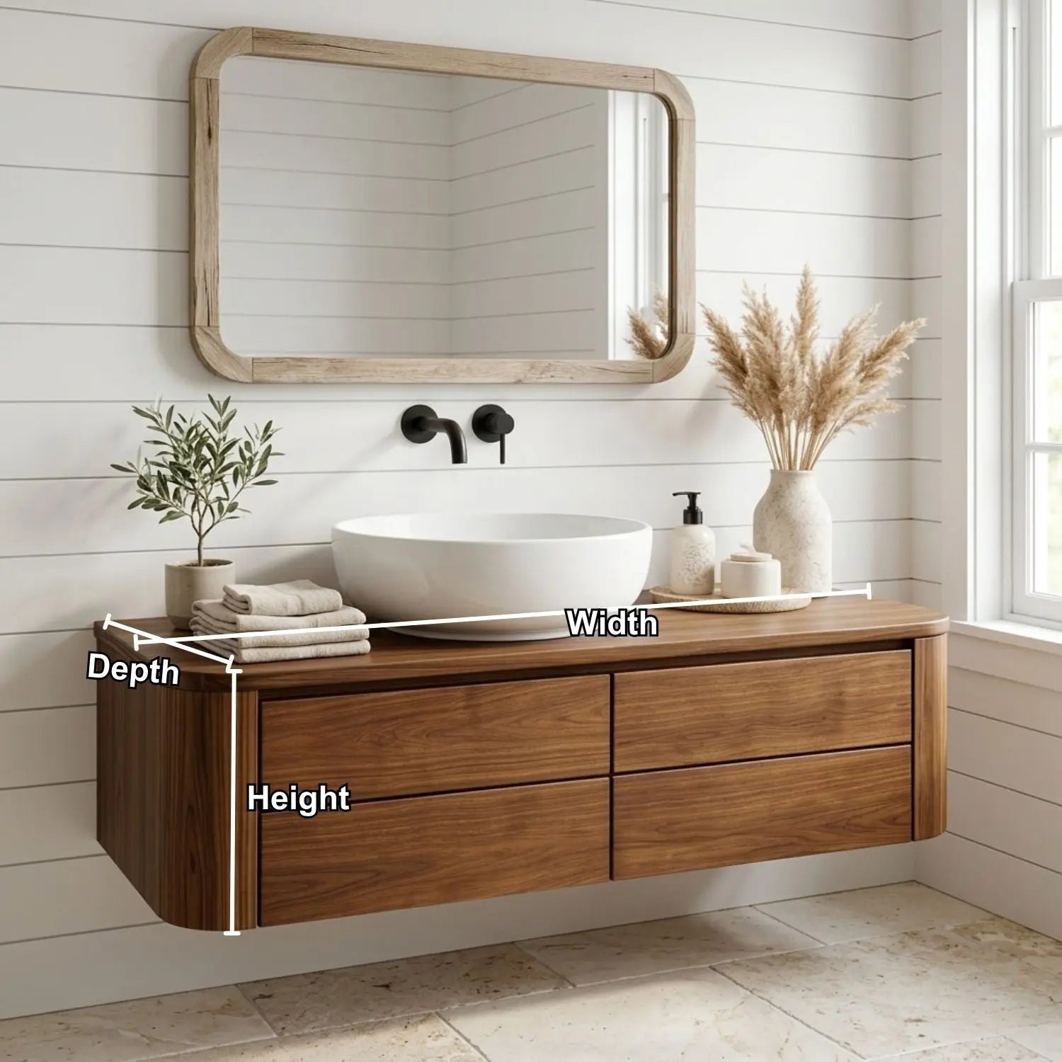 Floating Bathroom Vanity with Rounded Edges and Four Drawer Storage Cabinet Kitchnce