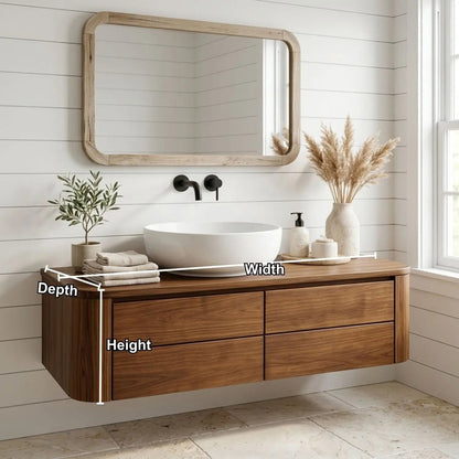 Floating Bathroom Vanity with Rounded Edges and Four Drawer Storage Cabinet Kitchnce