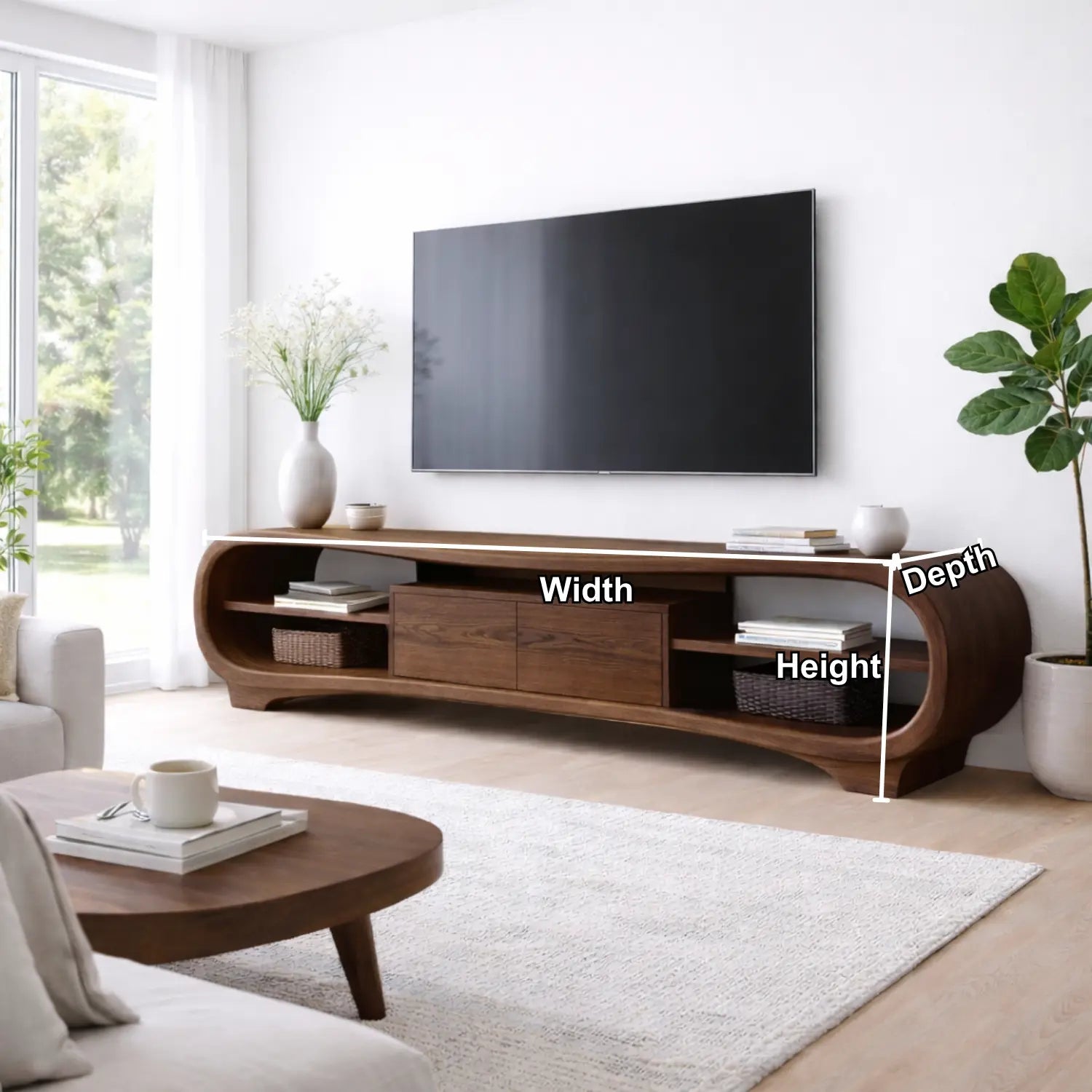 Solid Wood TV Stand with Curved Frame, Open Shelves and Center Drawer Cabinet Kitchnce