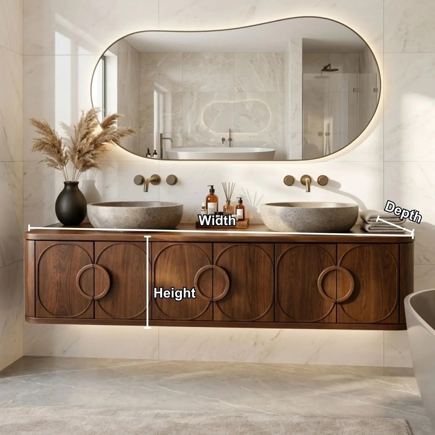 Floating Bathroom Vanity with Circular Carved Doors and Sculptural Ring Handles Kitchnce
