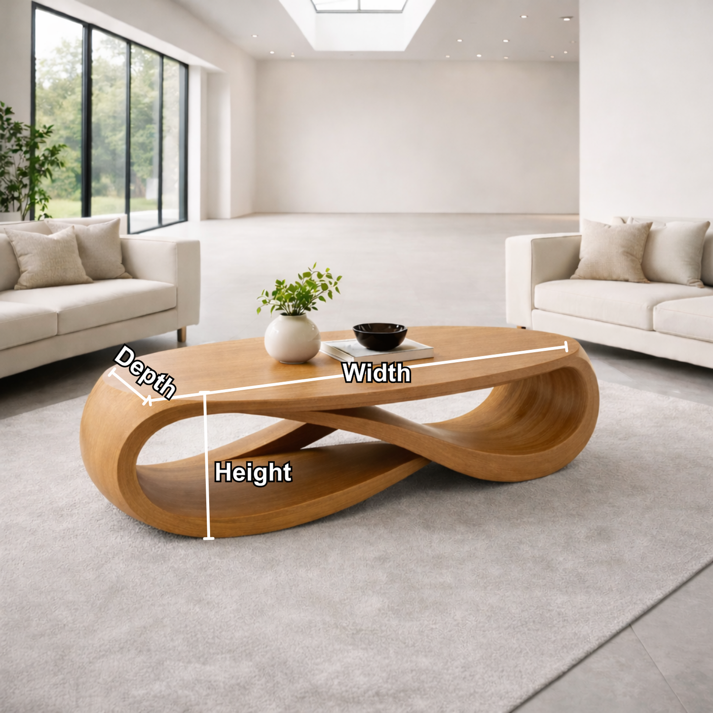 Solid Wood Oval Coffee Table with Sculptural Base – Modern Designer Living Room Table Kitchnce