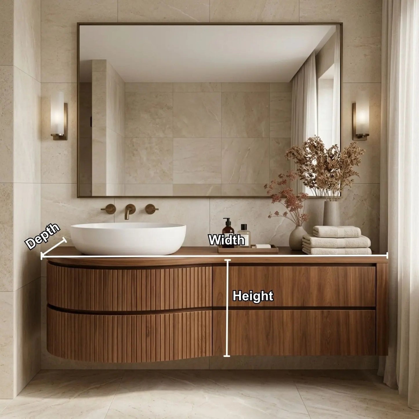 Curved Floating Bathroom Vanity with Fluted Wood Panels and Drawer Storage Kitchnce