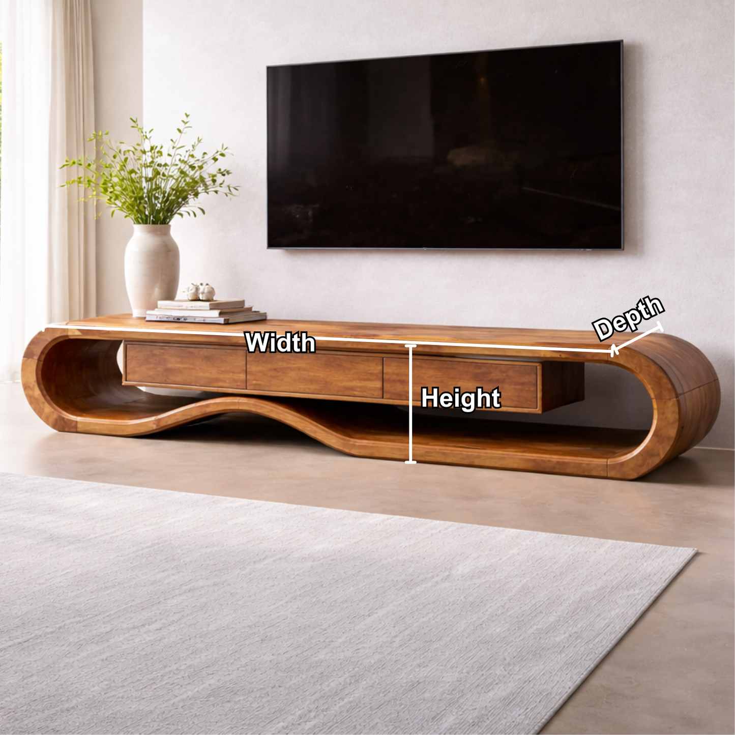 Solid Wood TV Stand with Curved Design and Ample Storage Kitchnce
