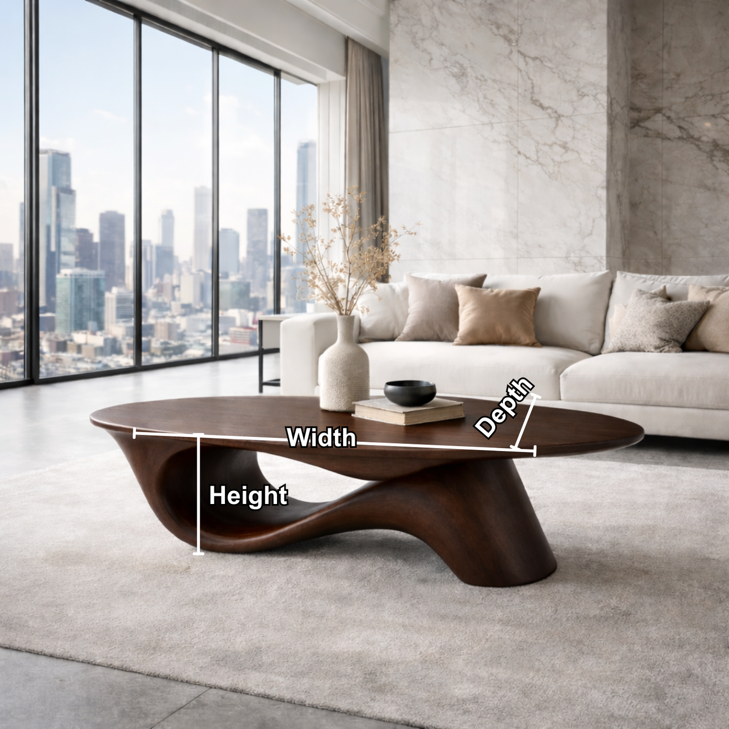 Organic Solid Wood Coffee Table with Sculpted Base – Modern Designer Living Room Table Kitchnce