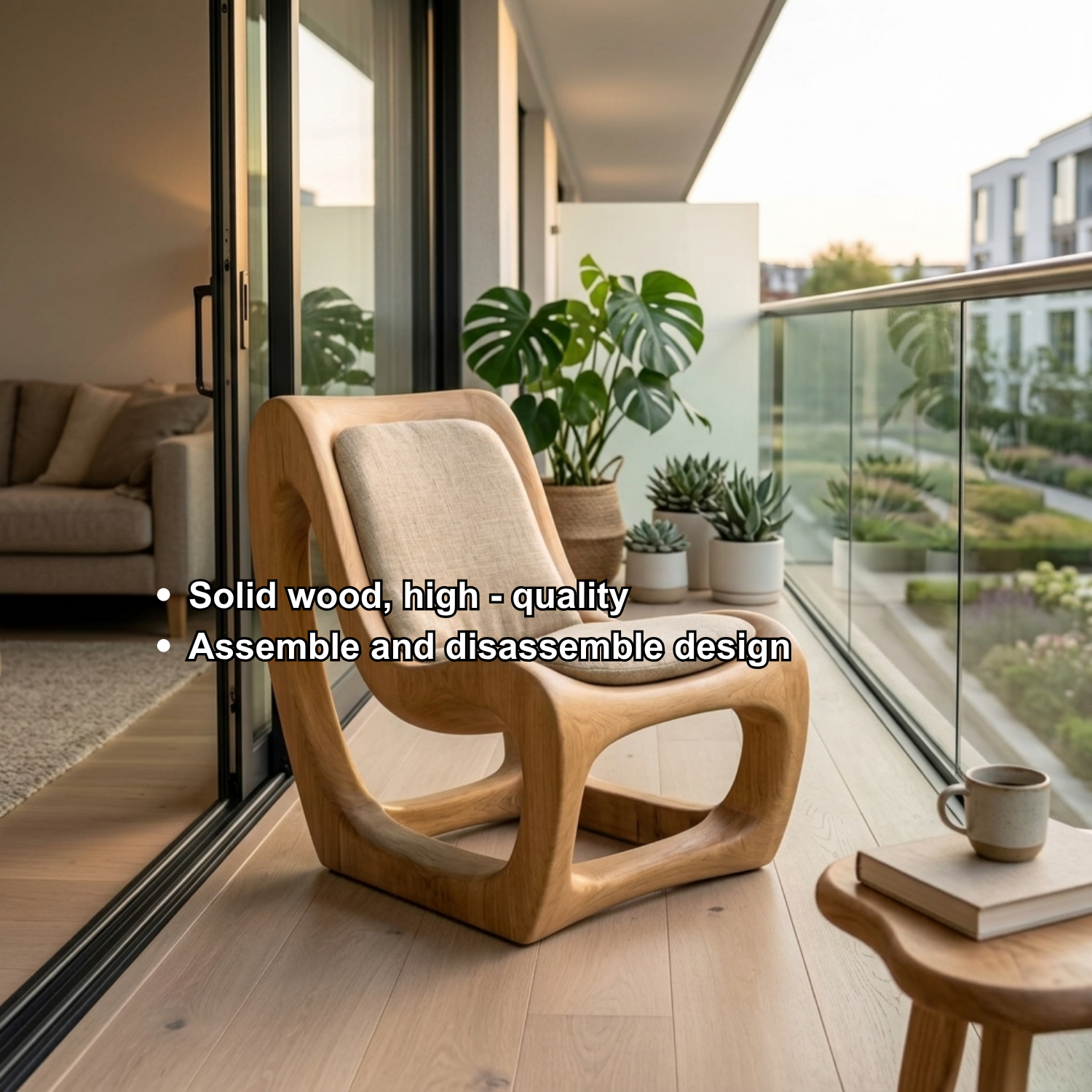 Handcrafted Solid Wood Lounge Chair – Sculptural Curved Base Accent Chair