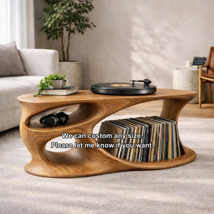 Solid Wood Record Player Stand with Organic Curved Base and Vinyl Record Storage Kitchnce