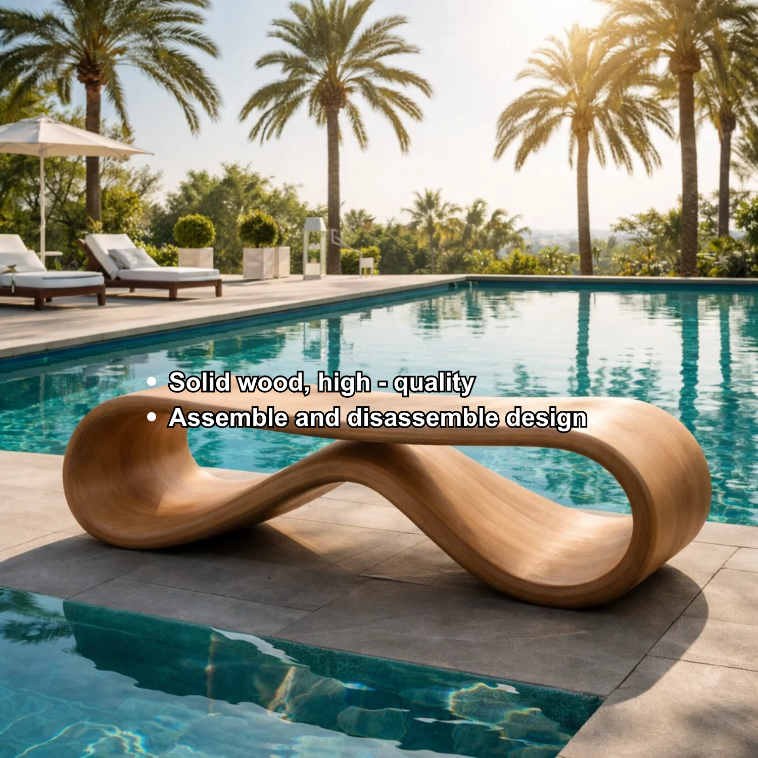 Handcrafted Outdoor Solid Wood Bench Sculptural Wave Form Modern Poolside Seating