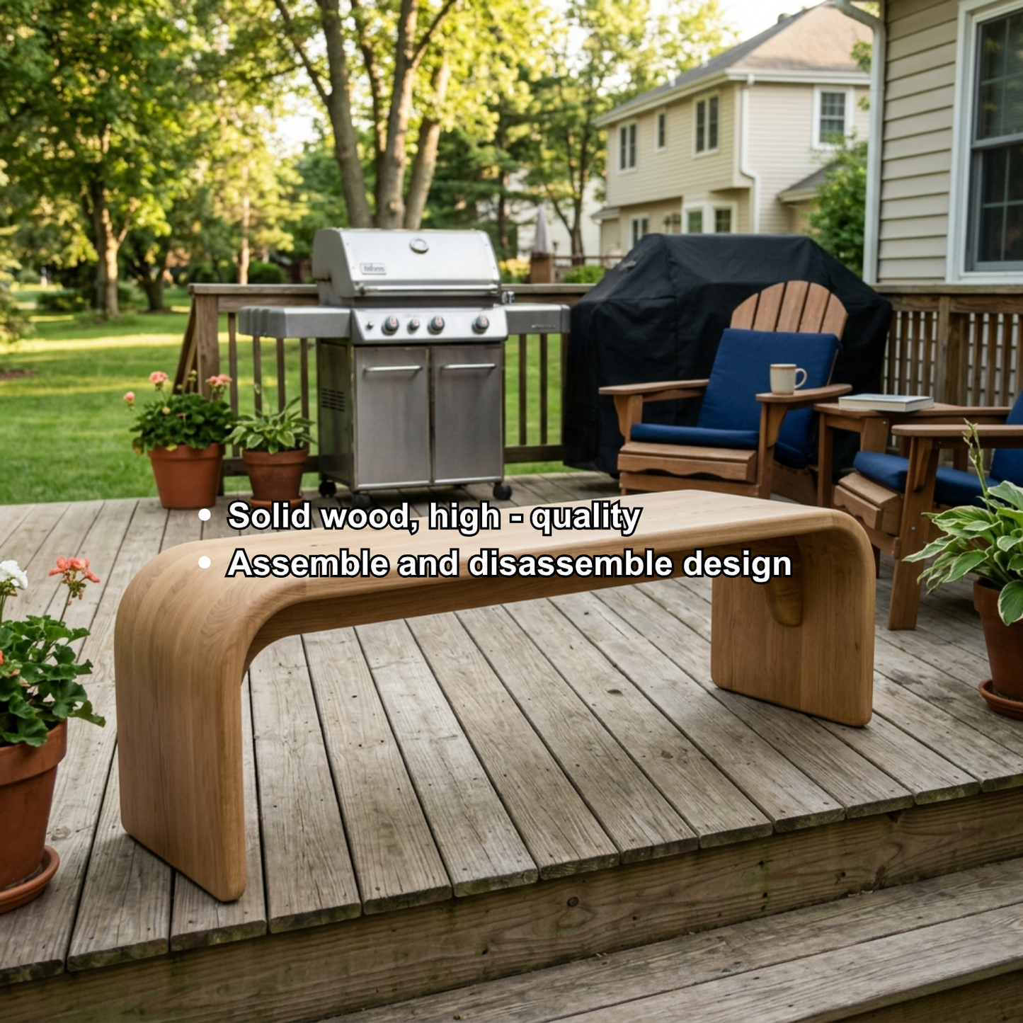 Solid Wood Outdoor Bench with Curved Waterfall Design and Minimalist Profile