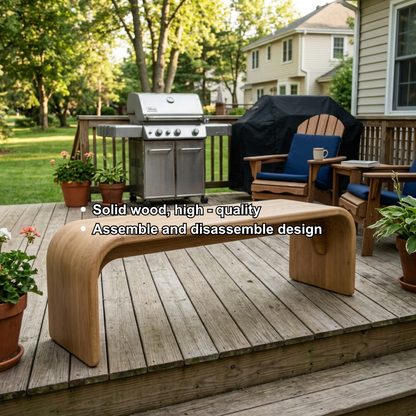 Solid Wood Outdoor Bench with Curved Waterfall Design and Minimalist Profile