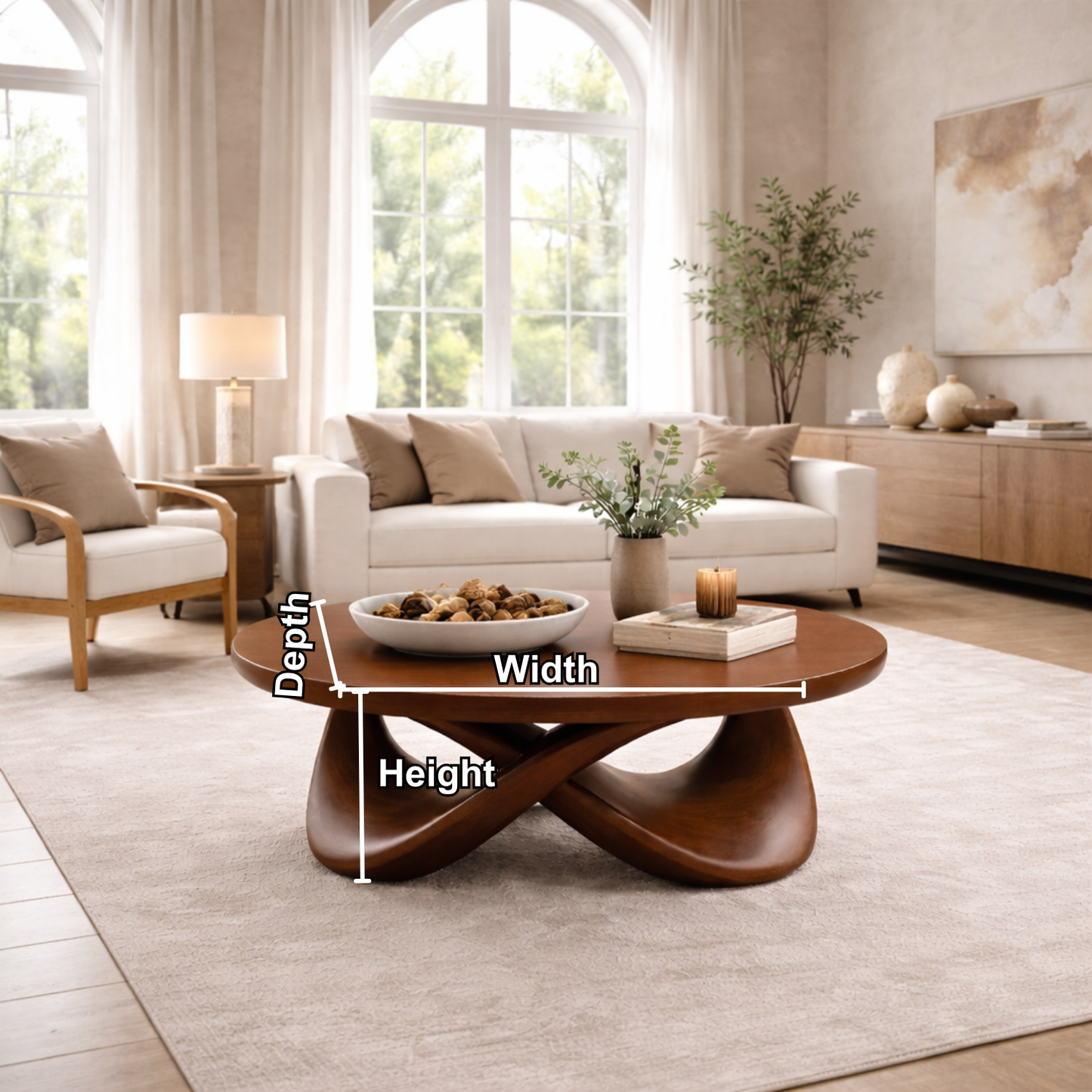Round Solid Wood Coffee Table with Sculptural Base – Modern Designer Living Room Table Kitchnce