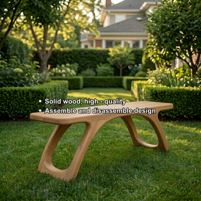 Solid Wood Outdoor Bench with Sculptural Cut-Out Legs and Organic Curved Frame