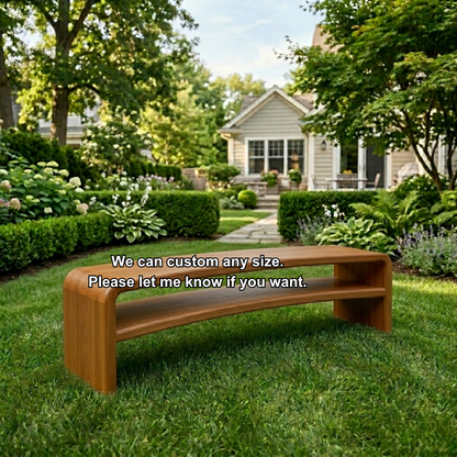 Solid Wood Outdoor Bench with Curved Waterfall Frame and Open Shelf Design