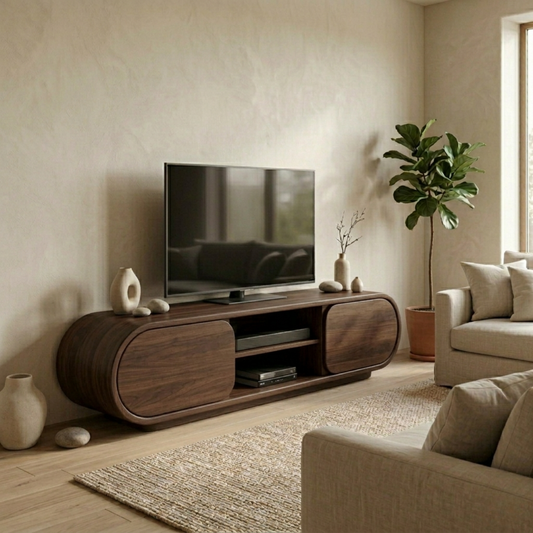 Solid Wood TV Stand with Curved Cabinet Doors and Open Shelf – Modern Media Console