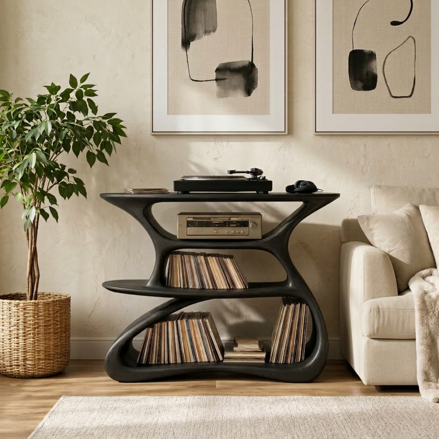 Solid Wood Record Player Stand with Vinyl Storage Shelves Kitchnce