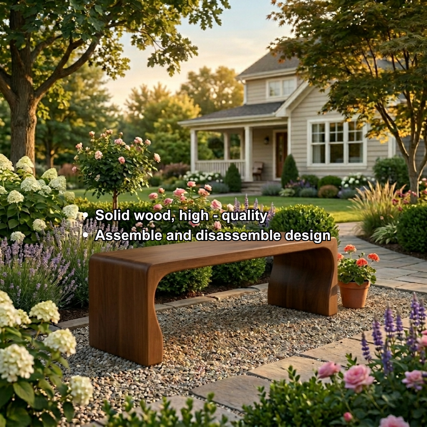 Solid Wood Outdoor Bench with Curved Waterfall Frame and Soft Rounded Edges