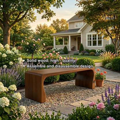 Solid Wood Outdoor Bench with Curved Waterfall Frame and Soft Rounded Edges