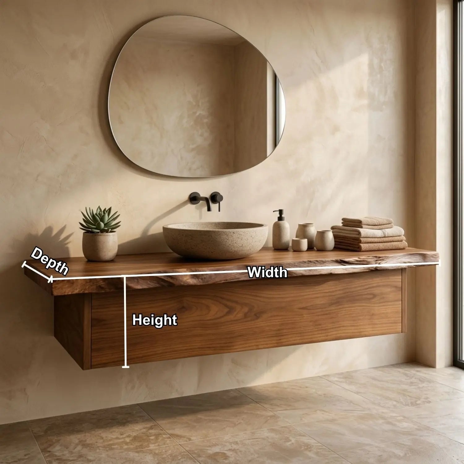Floating Bathroom Vanity with Live Edge Wood Countertop and Minimalist Cabinet Kitchnce