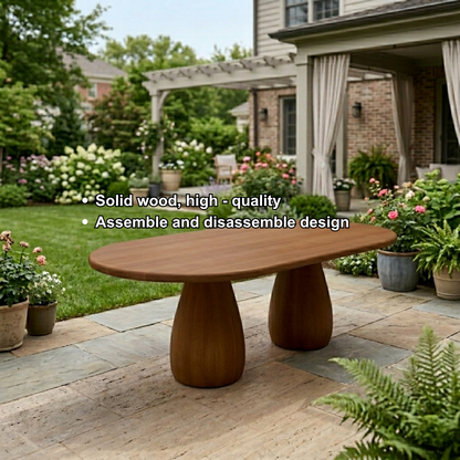 Oval Solid Wood Outdoor Dining Table with Double Rounded Form Base