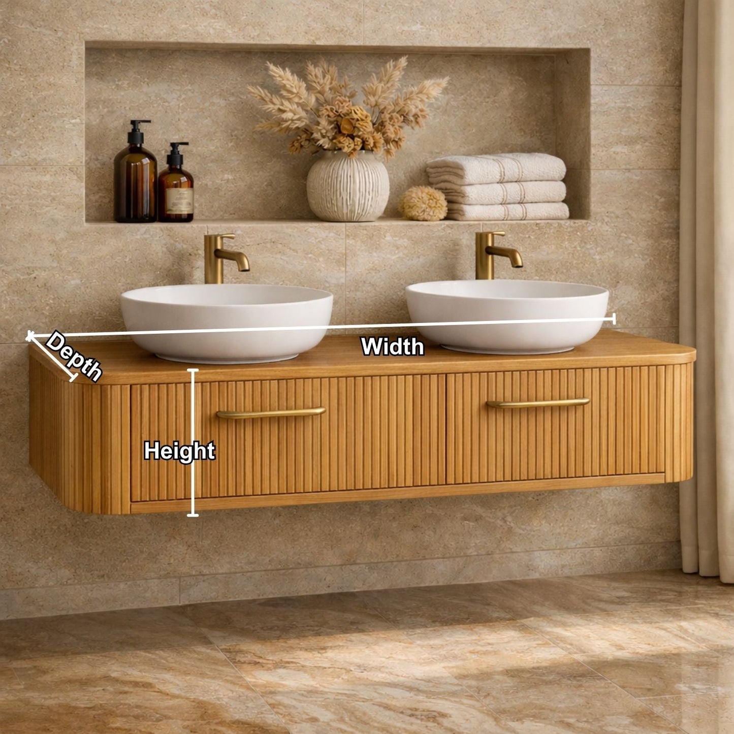Modern Floating Bathroom Vanity with Storage – Handcrafted Wooden Design with Fluted Drawers Kitchnce
