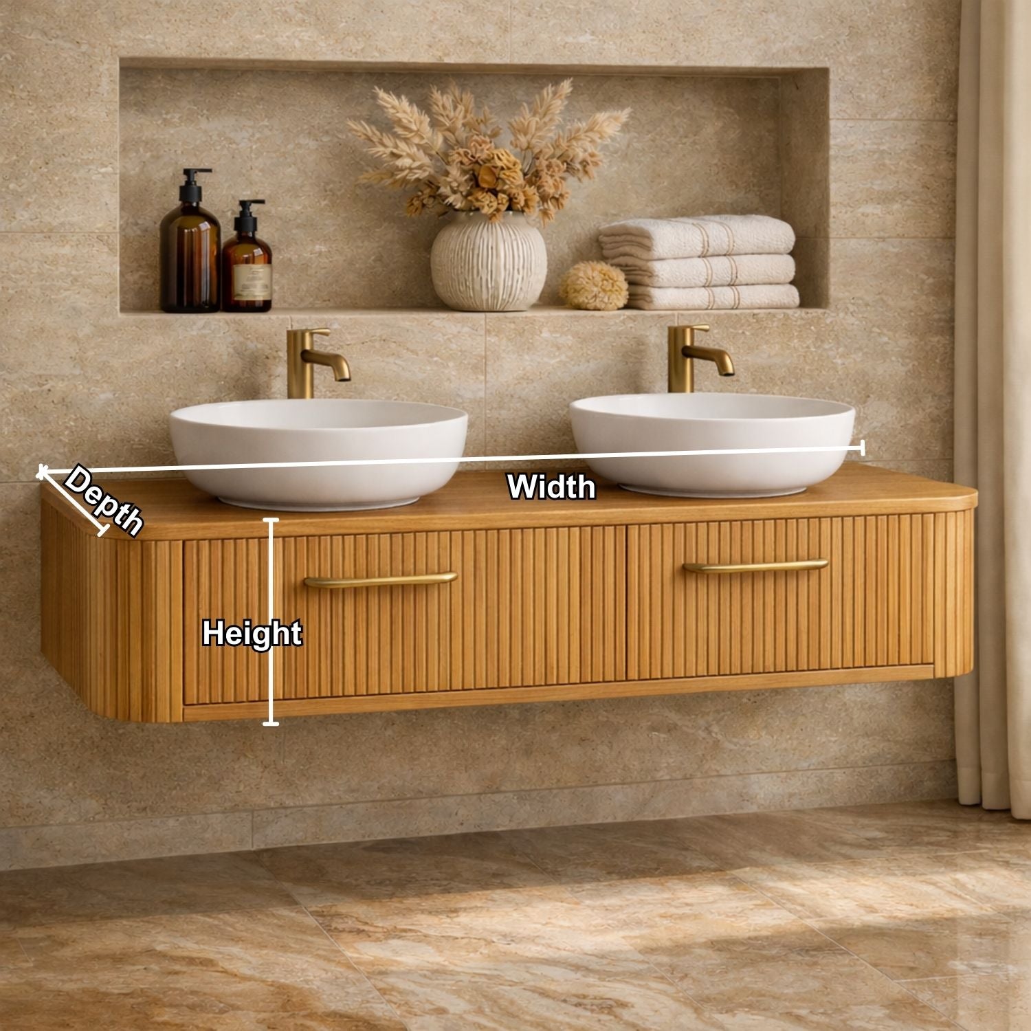 Modern Floating Bathroom Vanity with Storage – Handcrafted Wooden Design with Fluted Drawers Kitchnce