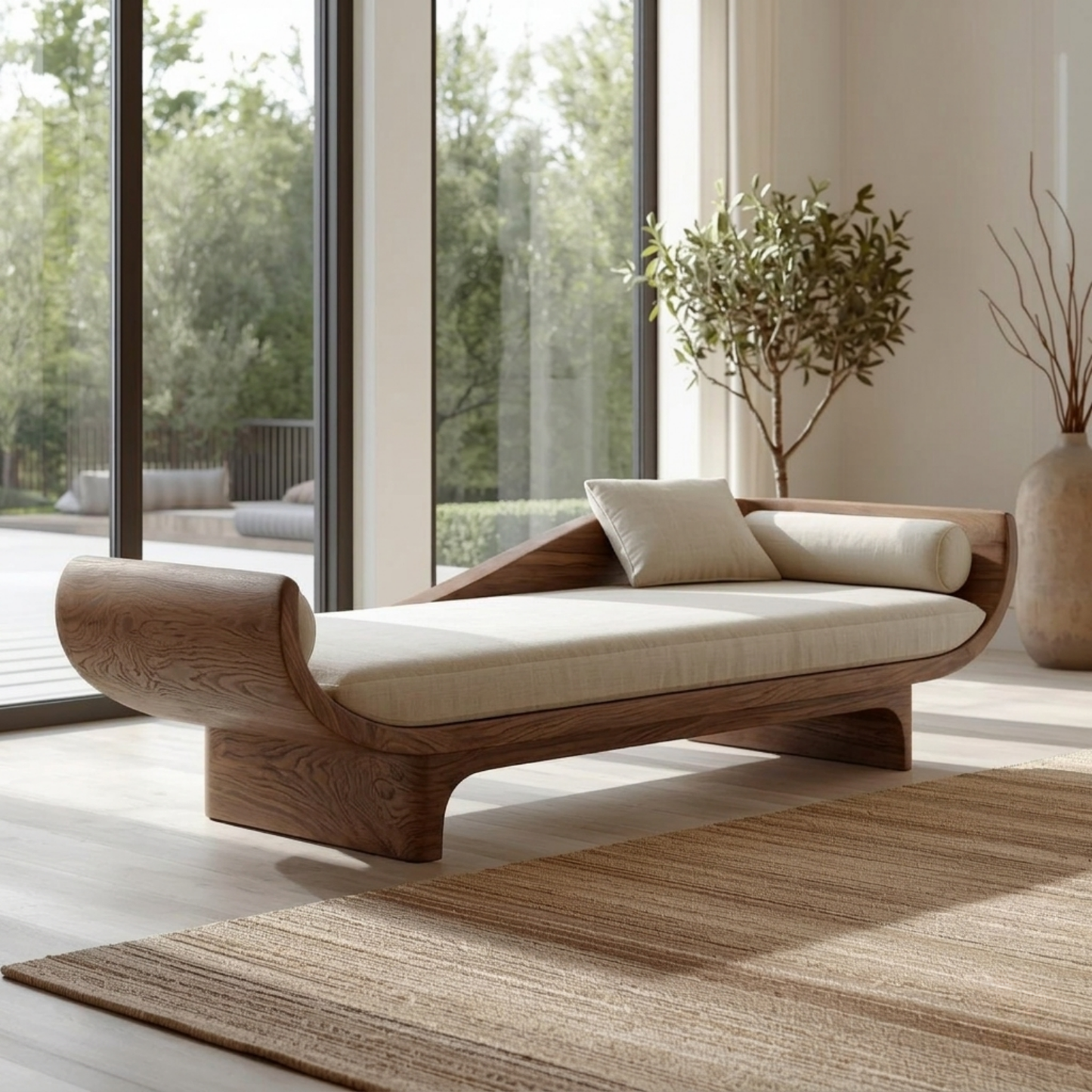Sculptural Solid Wood Daybed with Curved Ends and Platform Base – Modern Lounge Chaise