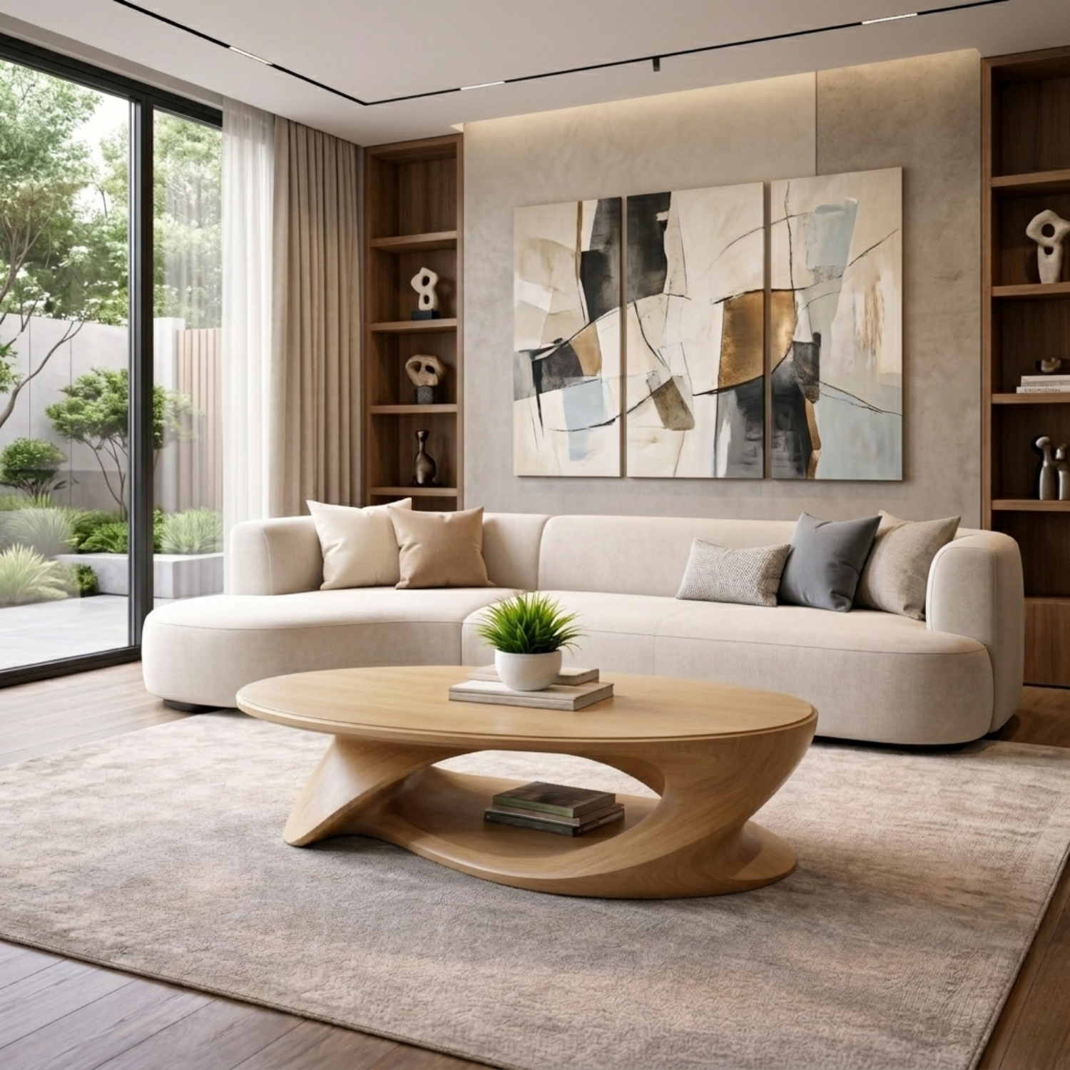 Solid Wood Oval Coffee Table with Sculptural Base – Modern Living Room Center Table Kitchnce