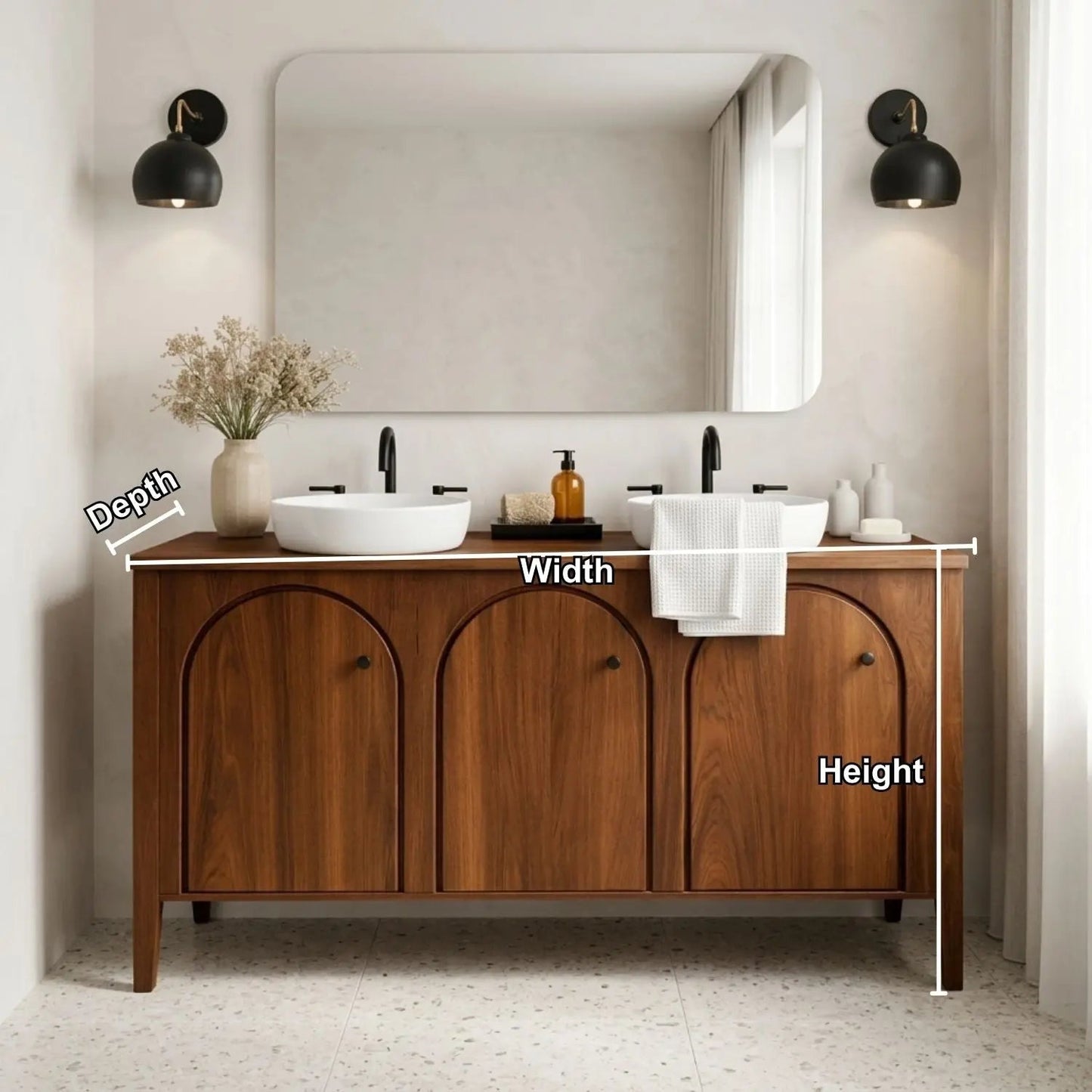 Handcrafted Triple Arch Double Vanity - Solid Wood Freestanding Modern Bathroom Cabinet Kitchnce