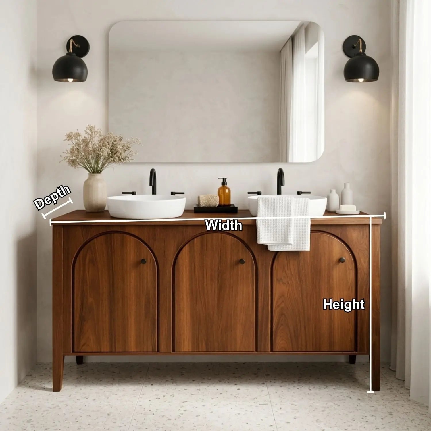 Handcrafted Triple Arch Double Vanity - Solid Wood Freestanding Modern Bathroom Cabinet Kitchnce